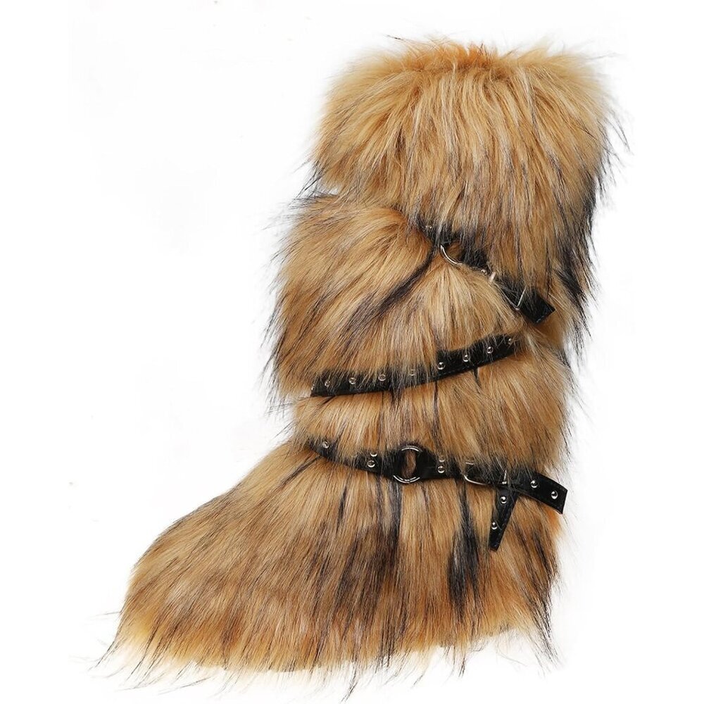 Women’s Brown Y2K Style Fur Boots Tall Fuzzy Pink Comfortable Winter Footwear